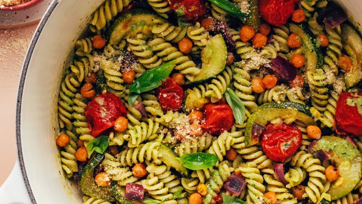 Zucchini Pesto Pasta with Tomatoes & Chickpeas